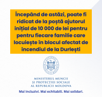 Ajutorul inițial de 10 000 de lei, anunțat de Guvern pentru familiile care au fost afectate de incendiul de la Durlești, este disponibil la oficiile poștale